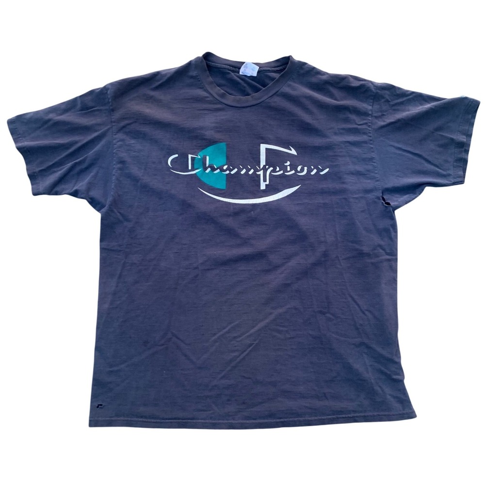 Vintage Champion Distressed Graphic T-Shirt XXL Blue 90s Streetwear Cotton Tee - Picture 1 of 10